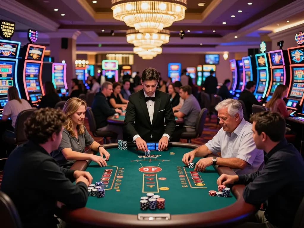 The go8 strategy for winning blackjack highlighted on a lively casino floor filled with engaged players and vibrant lighting.