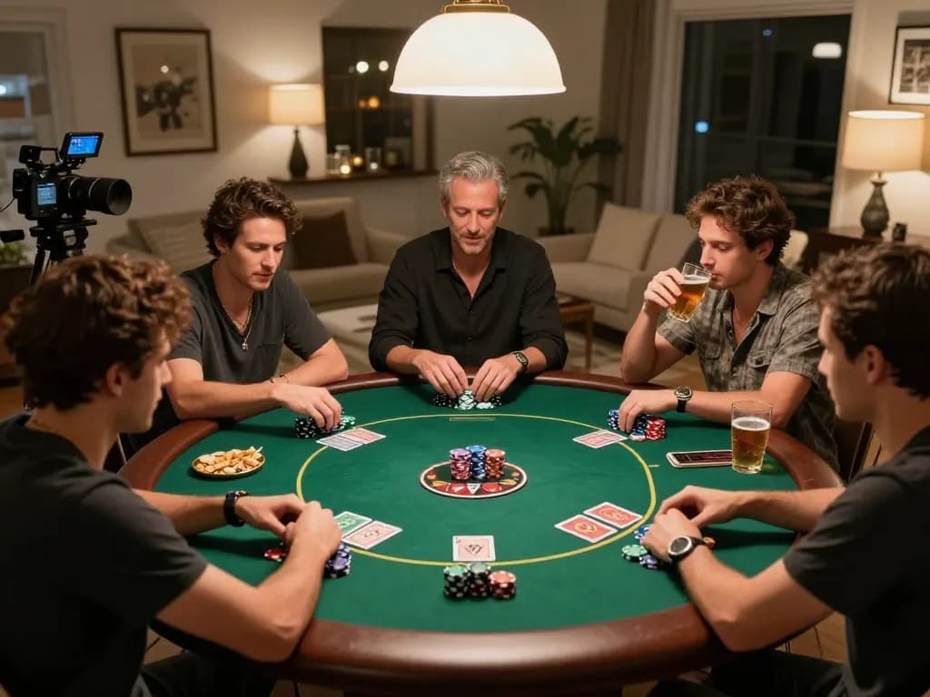 manclub players enjoying a thrilling poker game around a stylish table in a cozy setting