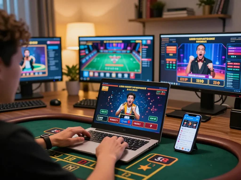 Engaging in live dealer baccarat at J188 trang chủ on laptop while showcasing strategic betting.