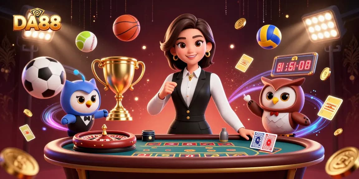 Engage in thrilling gameplay at DA88 with dynamic sports-themed casino illustration featuring fascinating dealers and vibrant elements.