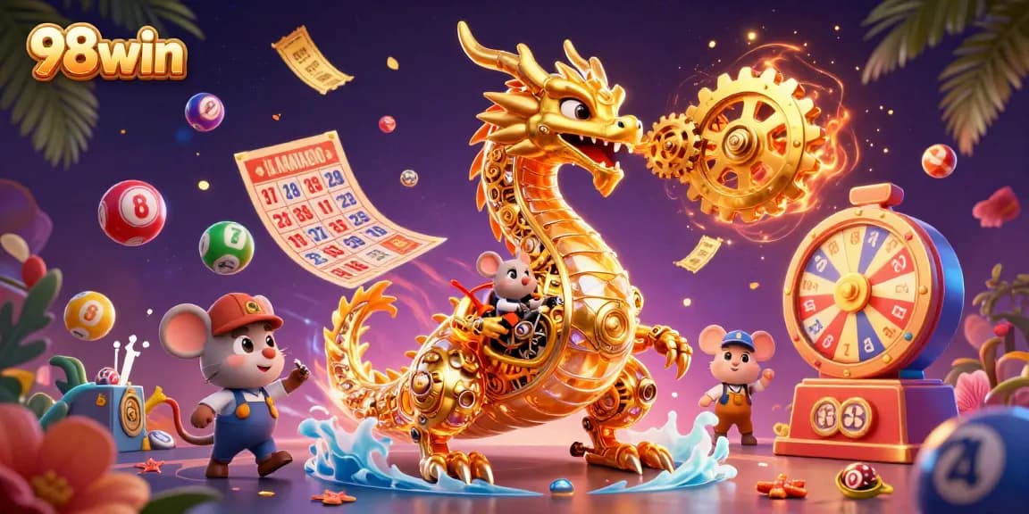 Engage in thrilling gameplay with 98win, featuring a stunning golden dragon amidst vibrant lottery elements.