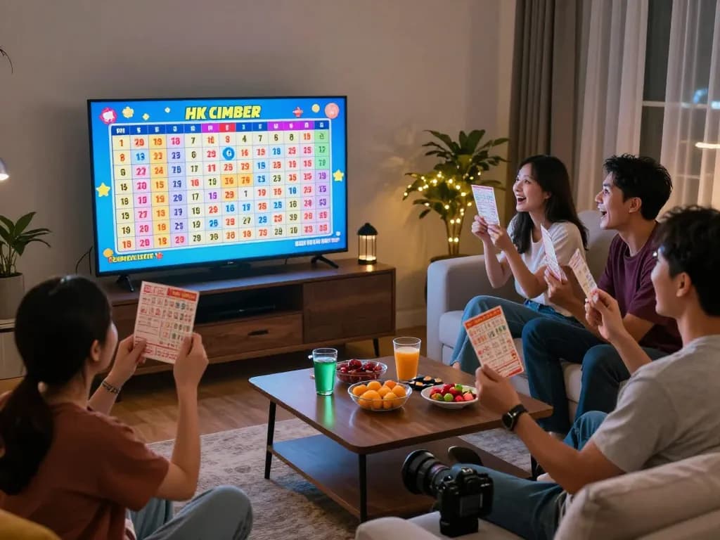 Grup yang bersemangat menyaksikan undian langsung HK lottery di ruang tamu yang nyaman.