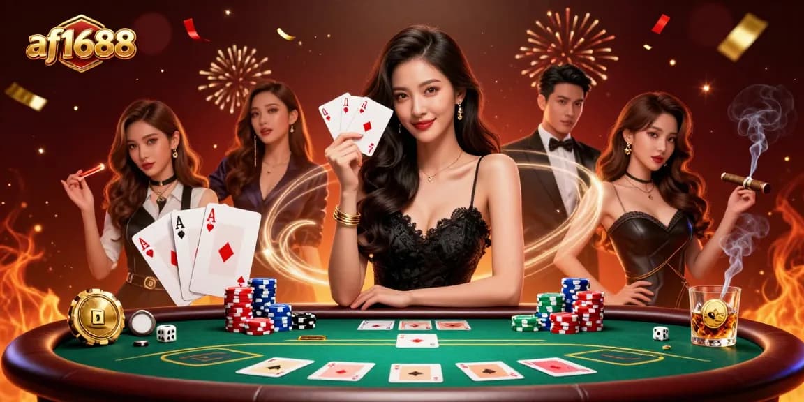Engage with exciting gameplay at af1688 featuring a stylish Asian woman holding playing cards amidst a lively casino scene.