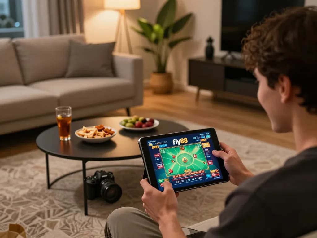 Player enjoying fly88 online casino game on tablet at home, showcasing an engaging gaming atmosphere.