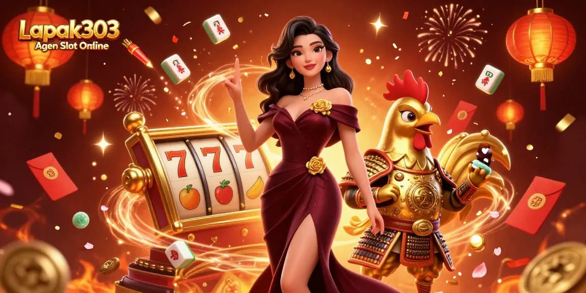 Experience the excitement of Lapak303 Agen Slot Online with vibrant slot reels and dynamic characters.