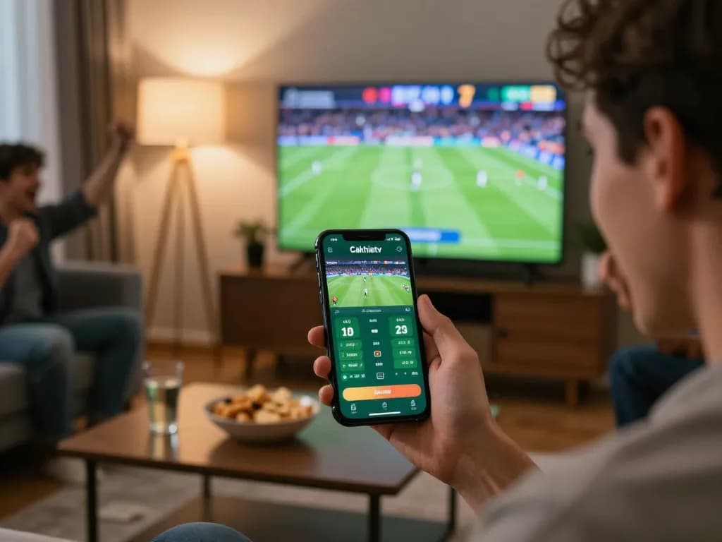 Cakhiatv app showcasing live sports betting action, user engaged with betting excitement.