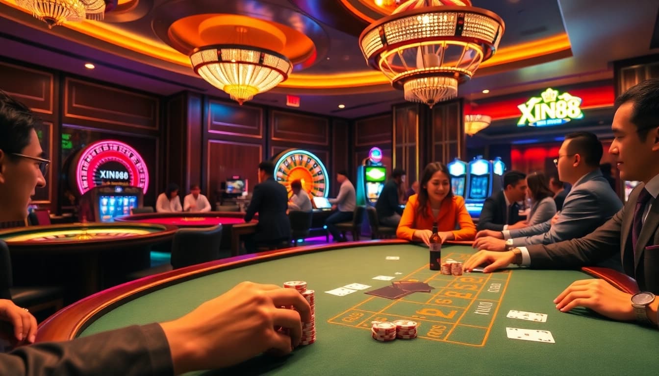 XIN88 poker players strategizing at a vibrant casino table with chips and cards.