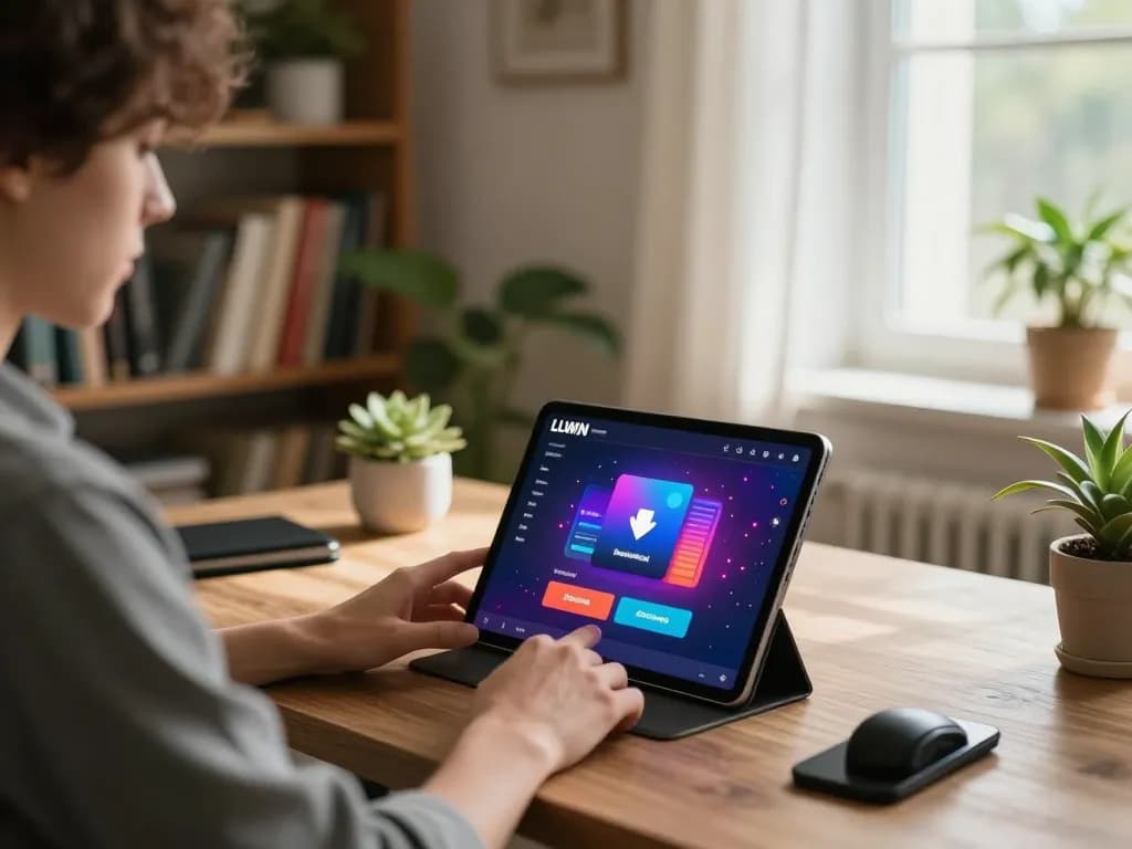 Engaged player using LLWIN Download on tablet in a cozy home setting for online gambling.