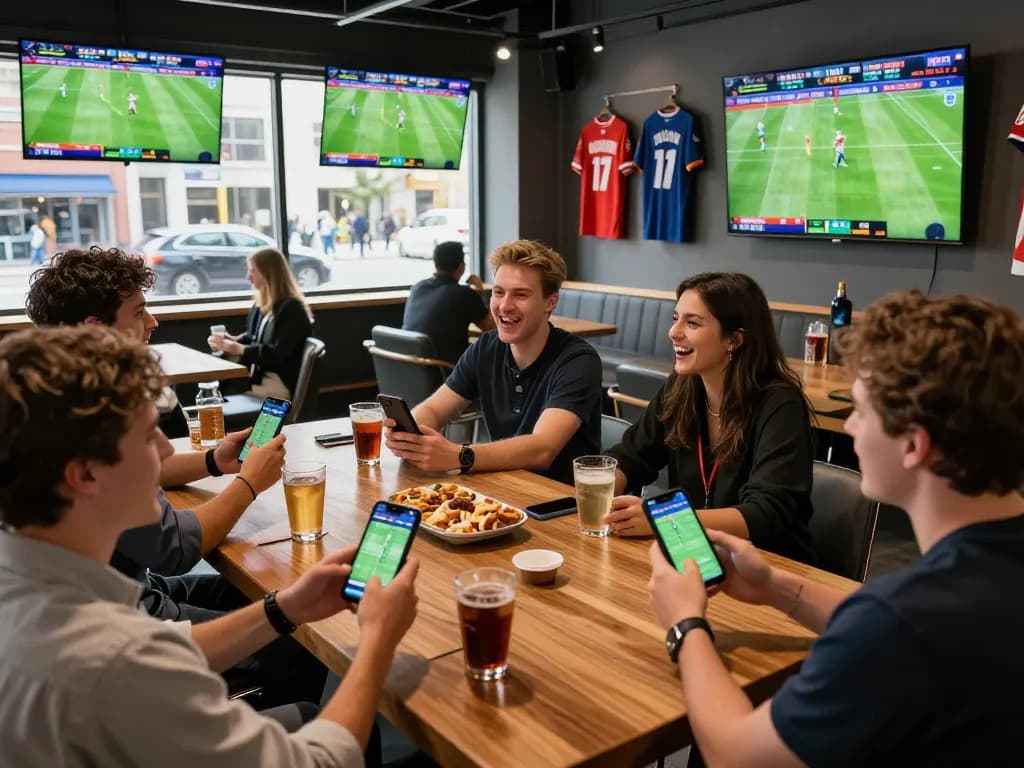 SBOBET sports betting excitement at a vibrant sportsbook with friends celebrating a thrilling live game.