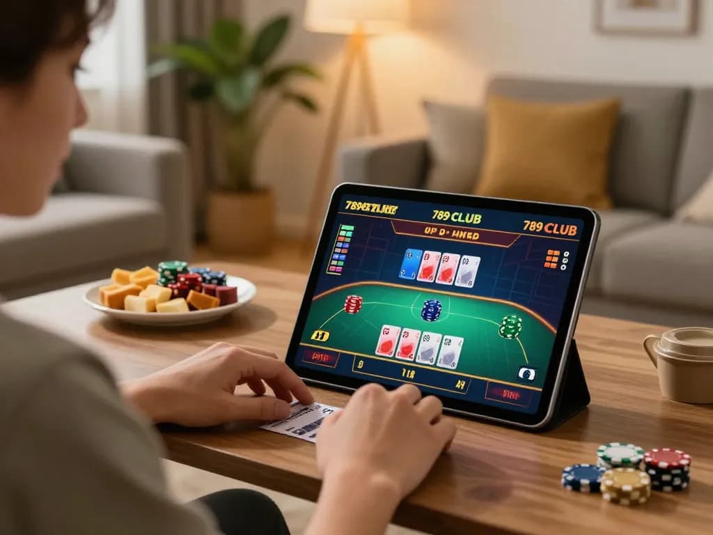 Playing 789CLUB on tablet in a cozy home setting, illustrating responsible gaming.