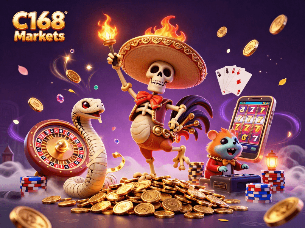 C168 Markets showcases a lively 3D casino scene with animated characters and iconic game elements.
