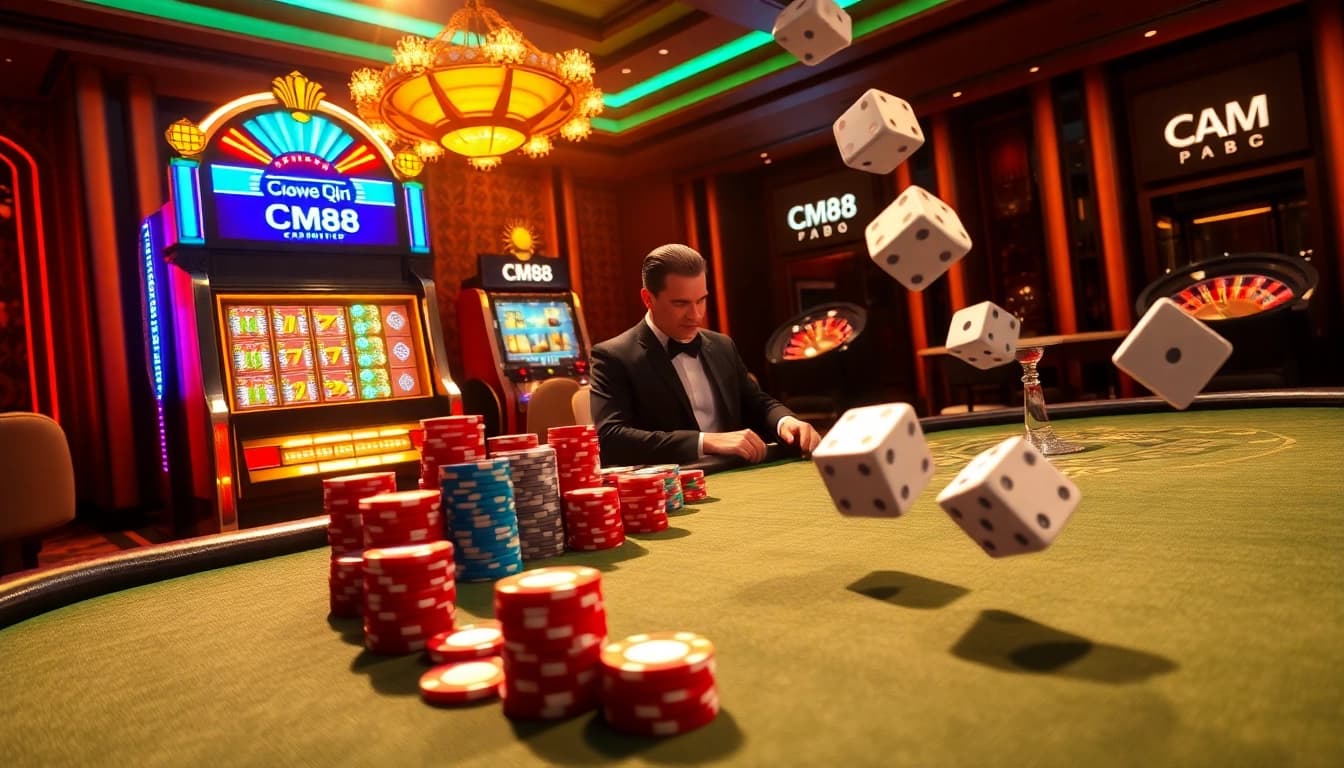 Engaging CM88 casino scene with poker players, roulette wheel, and vibrant slot machines.