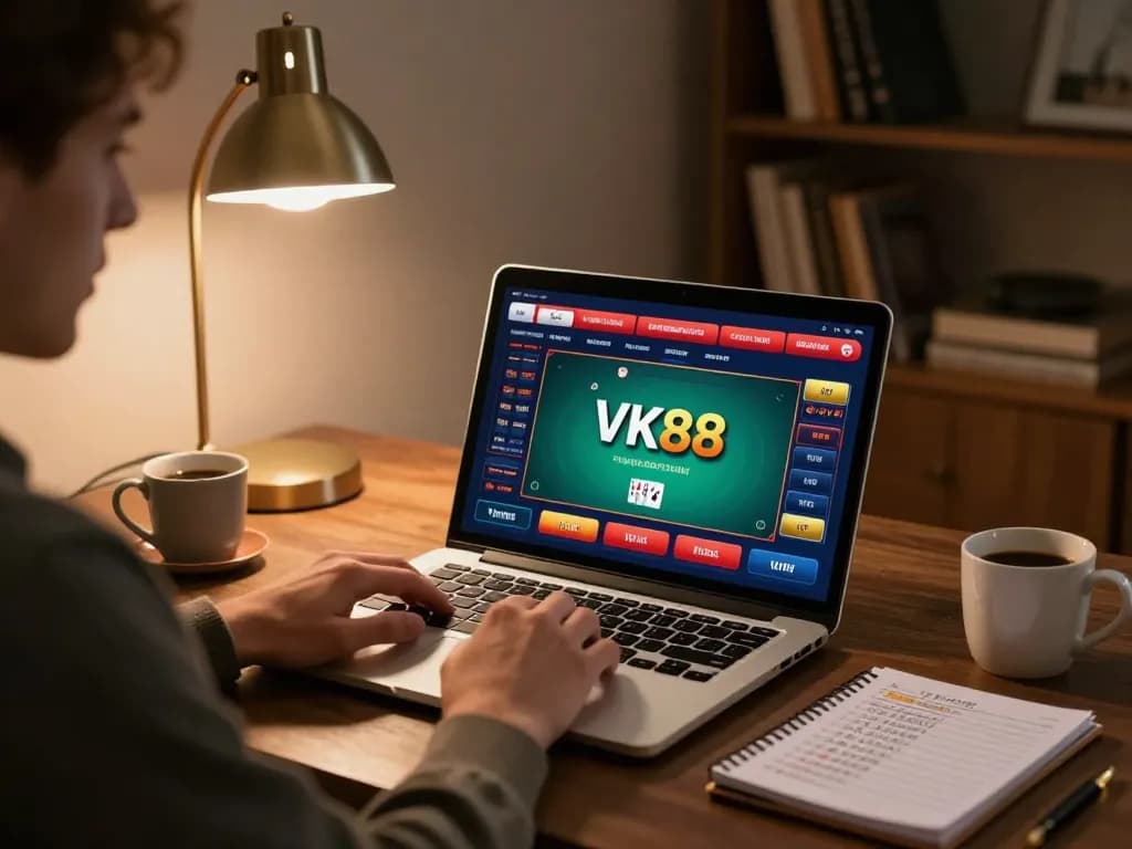 Player engaging in the VK88 poker game with strategic notes and a sleek laptop in a stylish home office.