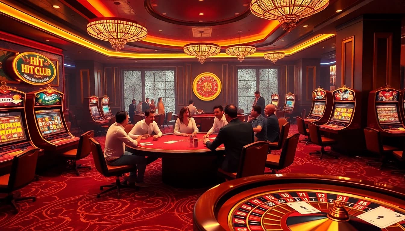 Hit Club players strategizing at a vibrant casino poker table filled with excitement.