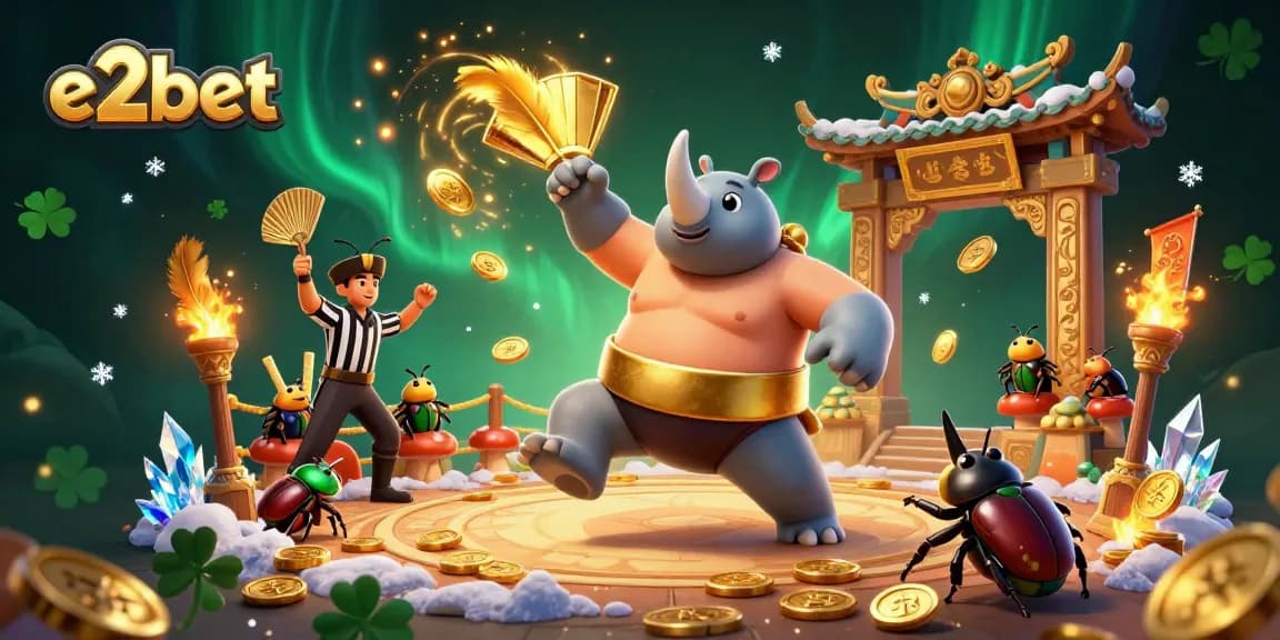 e2bet brings excitement to a vibrant casino scene featuring a rhinoceros beetle champion and a cricket referee.