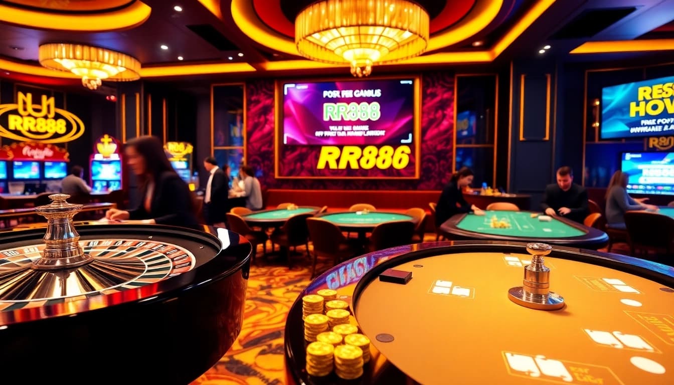 RR88 players enjoying a lively casino atmosphere with roulette and poker tables.