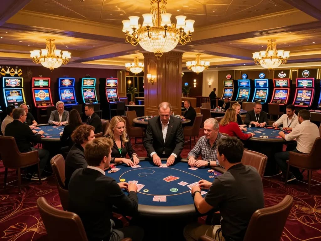 Active gameplay at ALO8 casino, players engaged at poker table with vibrant surrounding atmosphere.