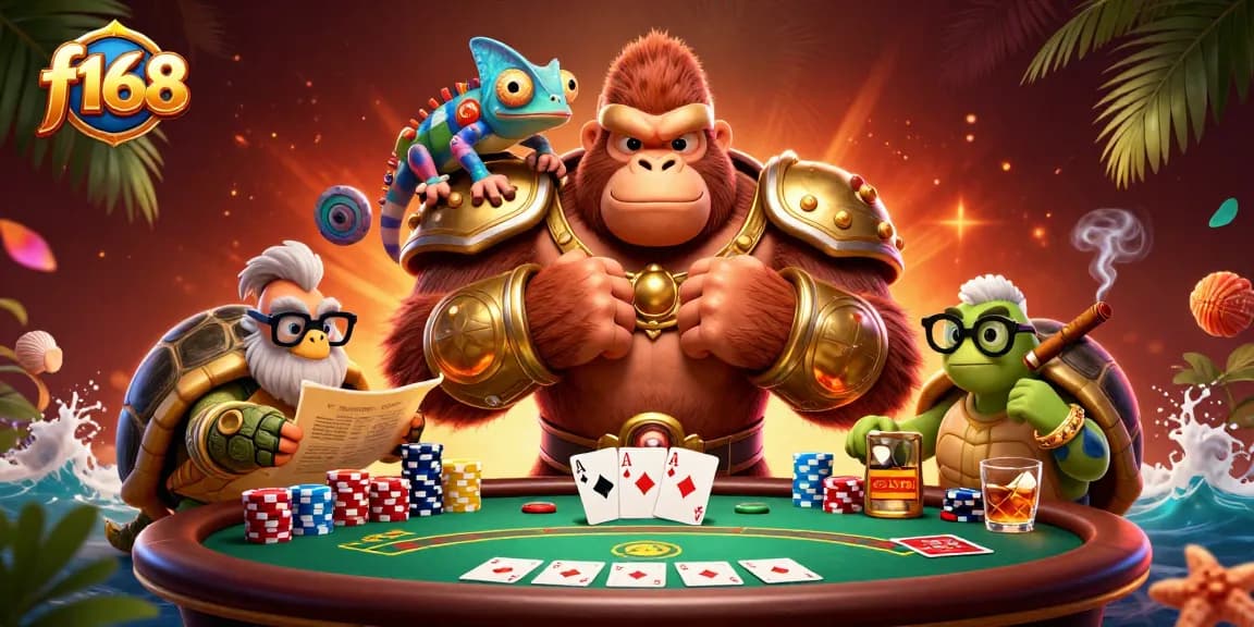 Engage in thrilling poker battles at f168 with a powerful gorilla king and vibrant gaming elements.