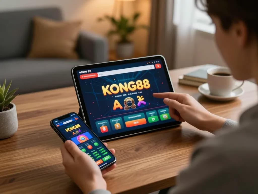 KONG88 online gaming experience on tablet with engaging betting actions in cozy home setting