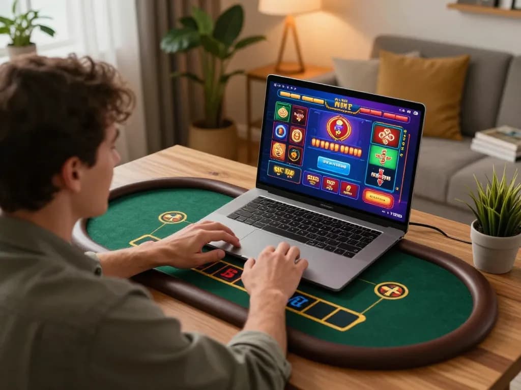 FC88 user engaging with online casino games on a laptop at home, showcasing a vibrant gaming atmosphere