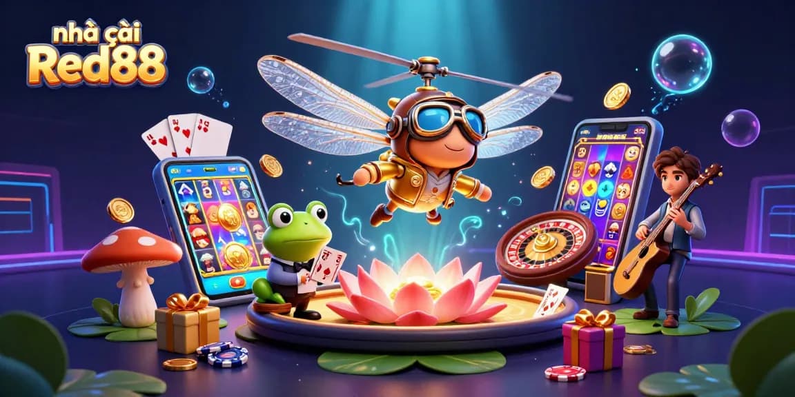 Experience the vibrant energy of nhà cái Red88 with a dynamic casino scene featuring engaging characters.