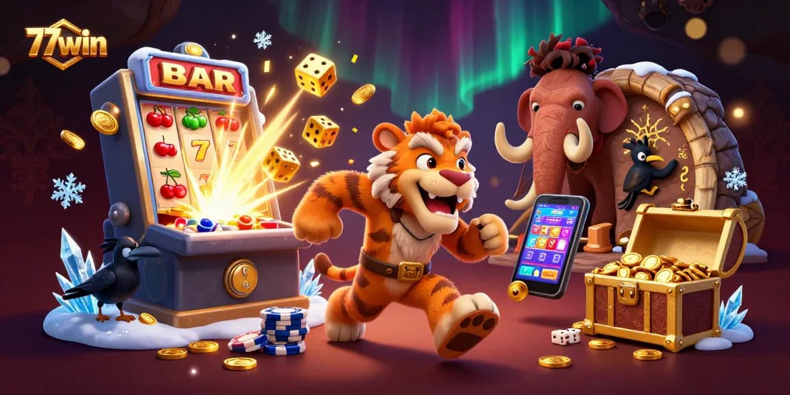 77win's engaging casino scene features cavemen and a sabertooth duo amid jackpots and thrilling gameplay.