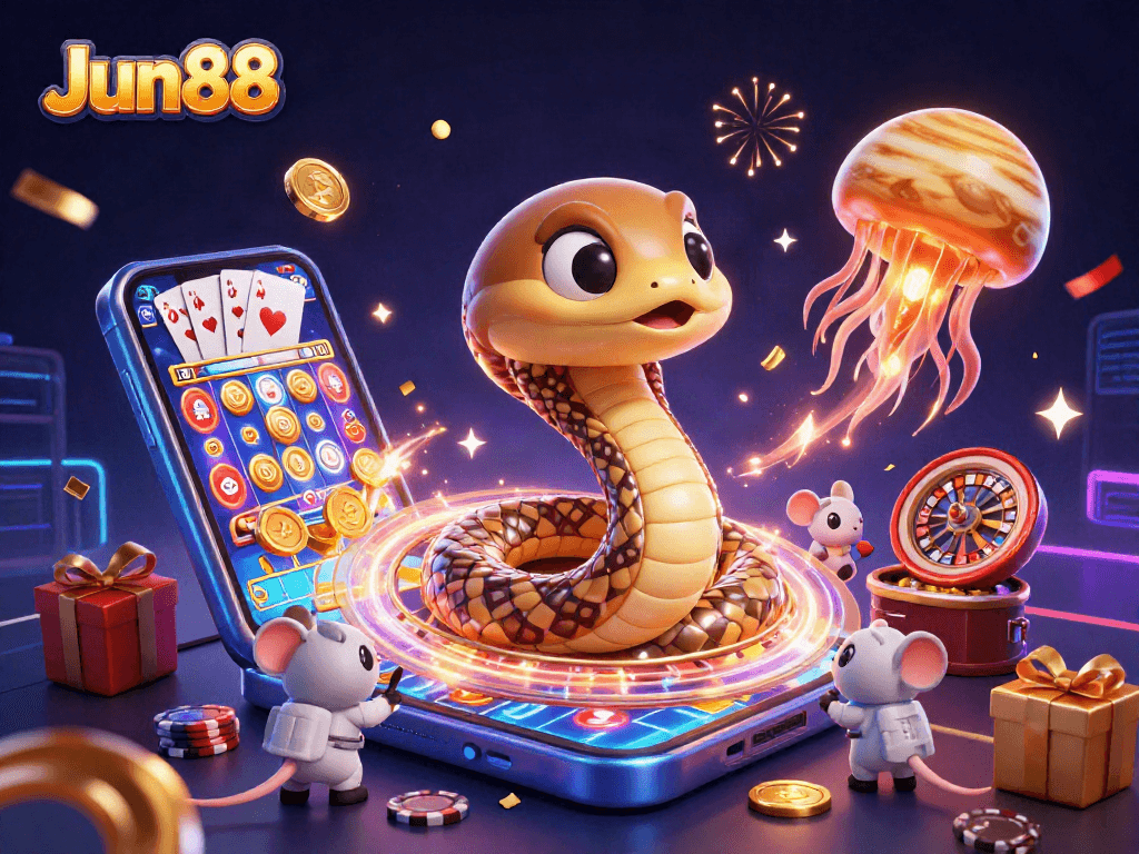 Engage in thrilling bets with Jun88's cosmic casino featuring lively space characters and games.
