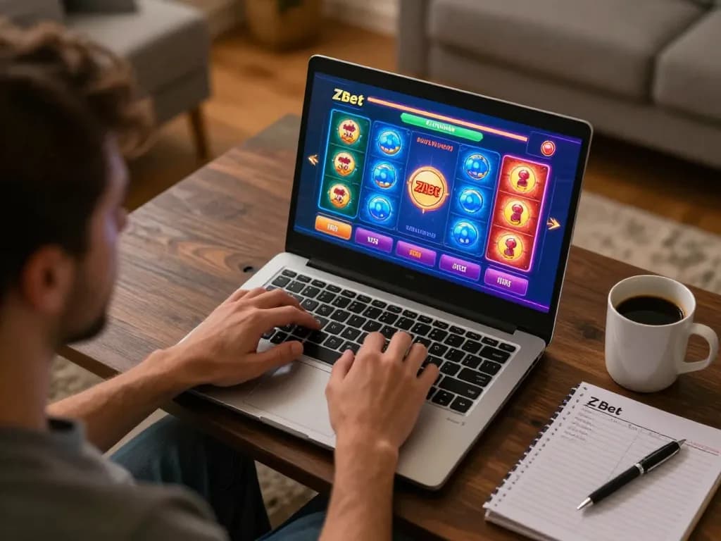 Cổng game Zbet showcasing an engaging online casino experience with a player using a laptop for gambling