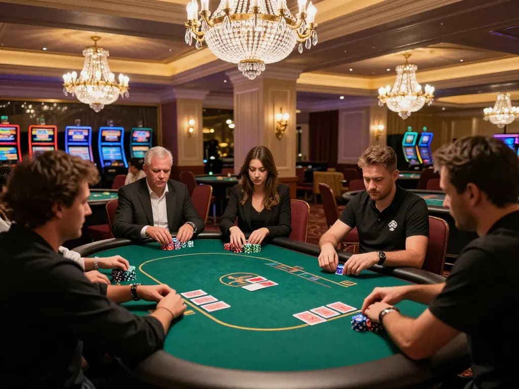 11win poker players strategizing in vibrant casino, creating an engaging gaming atmosphere