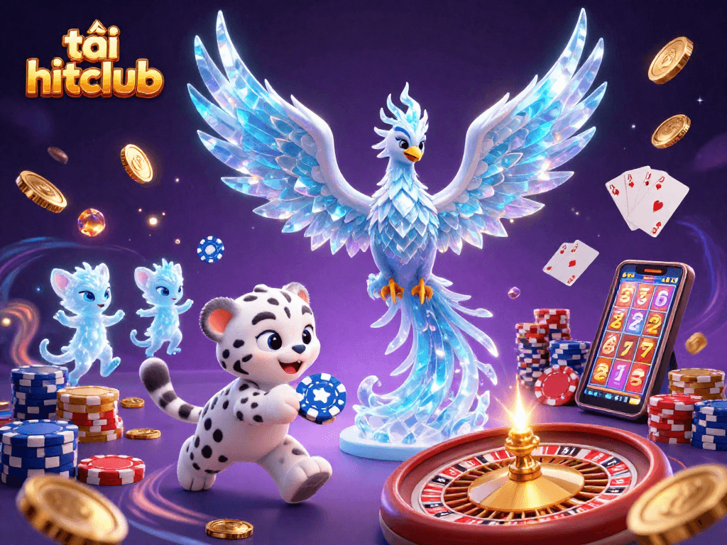 Engage with tải hitclub in this vibrant casino scene featuring an ice phoenix, glowing sprites, and rich gaming elements.