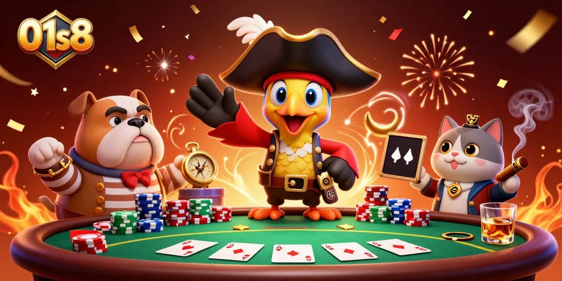 Engage in thrilling poker action with 01s8 as a pirate captain parrot leads the game!
