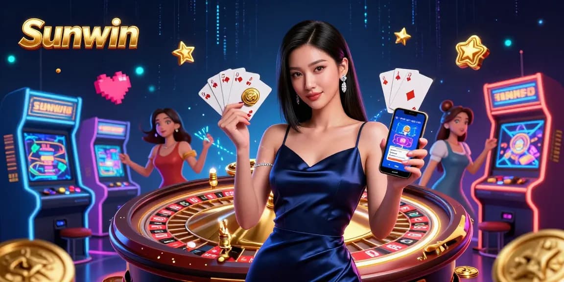 Win big with Sunwin in an exciting casino scene featuring vibrant games and engaging elements.