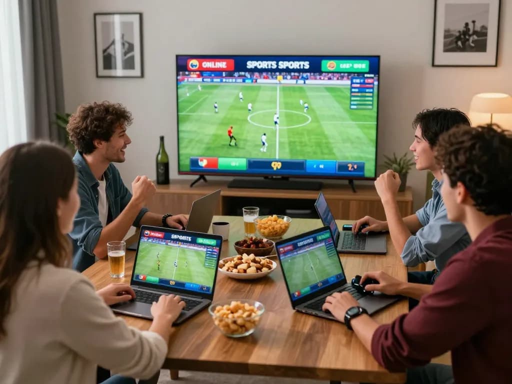 Friends engaged in online betting at fb88 while enjoying a live football match.