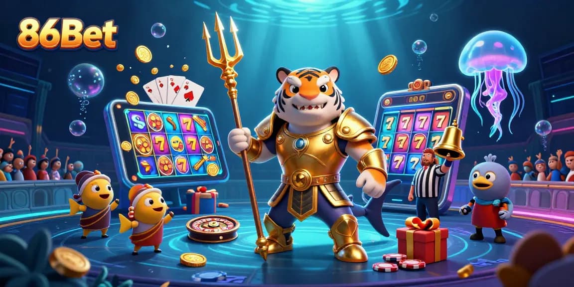 Experience high-stakes excitement with 86Bet in this vibrant 3D casino scene.