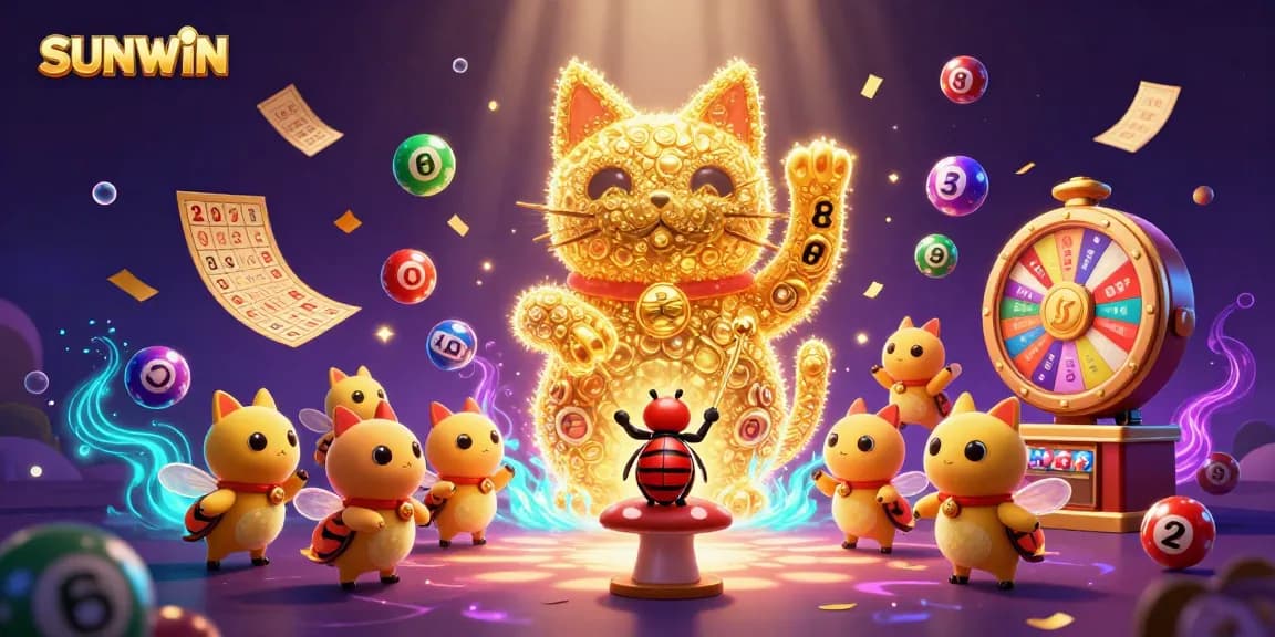 SUNWIN showcases an enchanting casino adventure with a dynamic lucky cat and vibrant gaming elements.