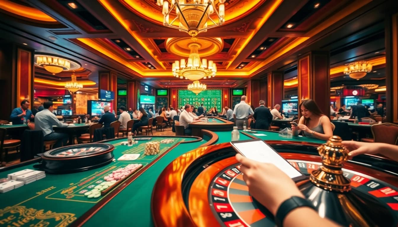 Exciting gambling scene featuring players at tables and online interfaces with https://ta88.it.com/ prominently displayed.