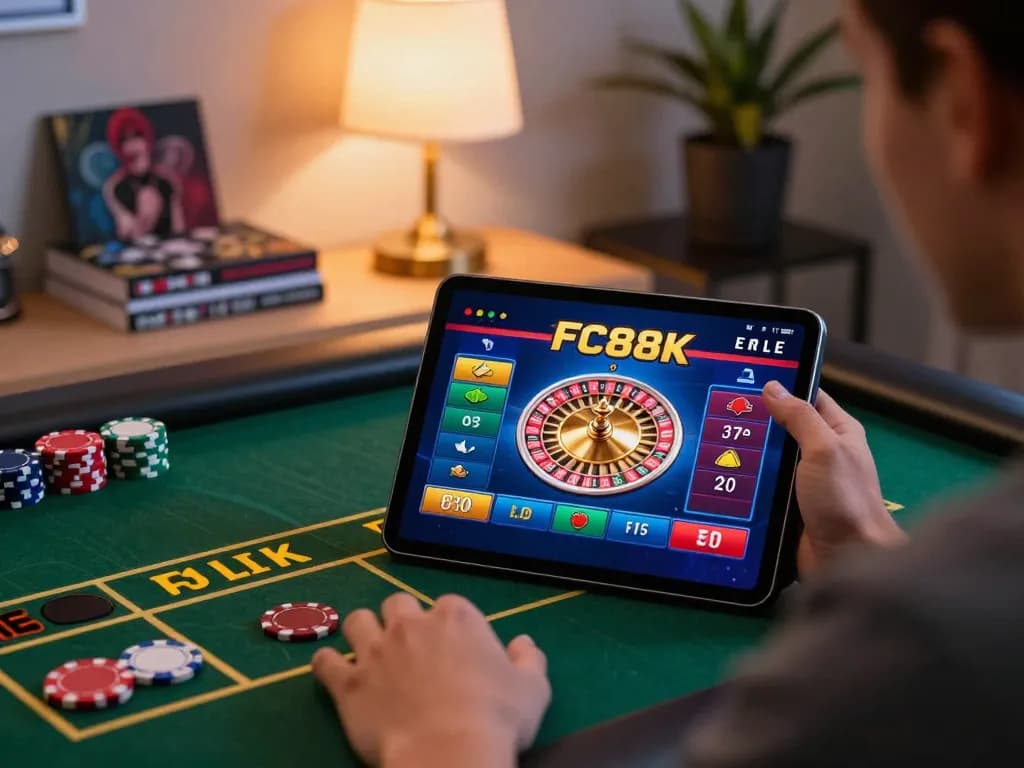 A player engages with fc88k live dealer roulette on a tablet in a cozy home office setup.
