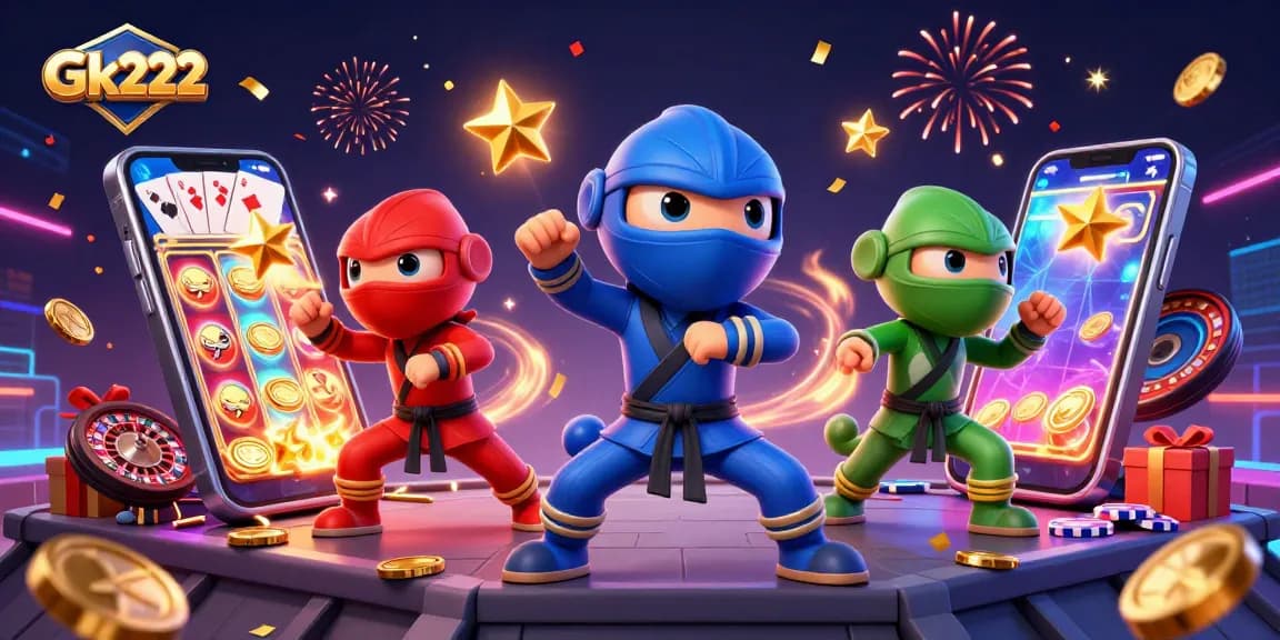 Engage with Gk222 featuring ninja chameleons amidst colorful casino gaming elements.