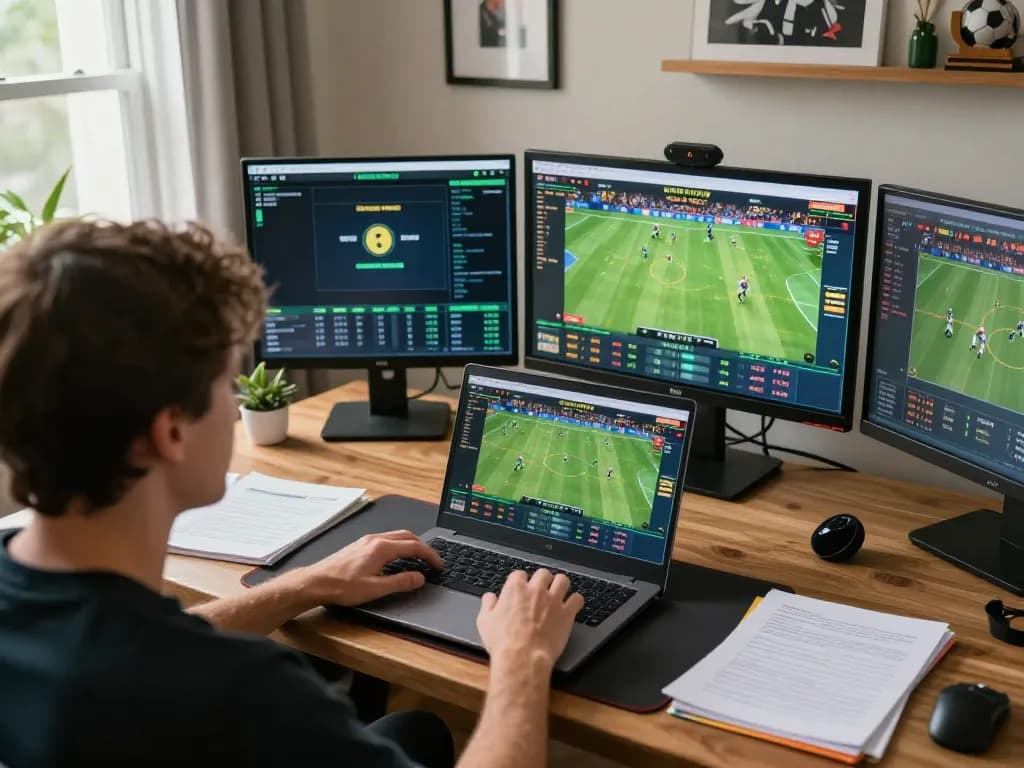 Player using laptop for sports betting LINK XO88 in a stylish home office, surrounded by organized notes and memorabilia