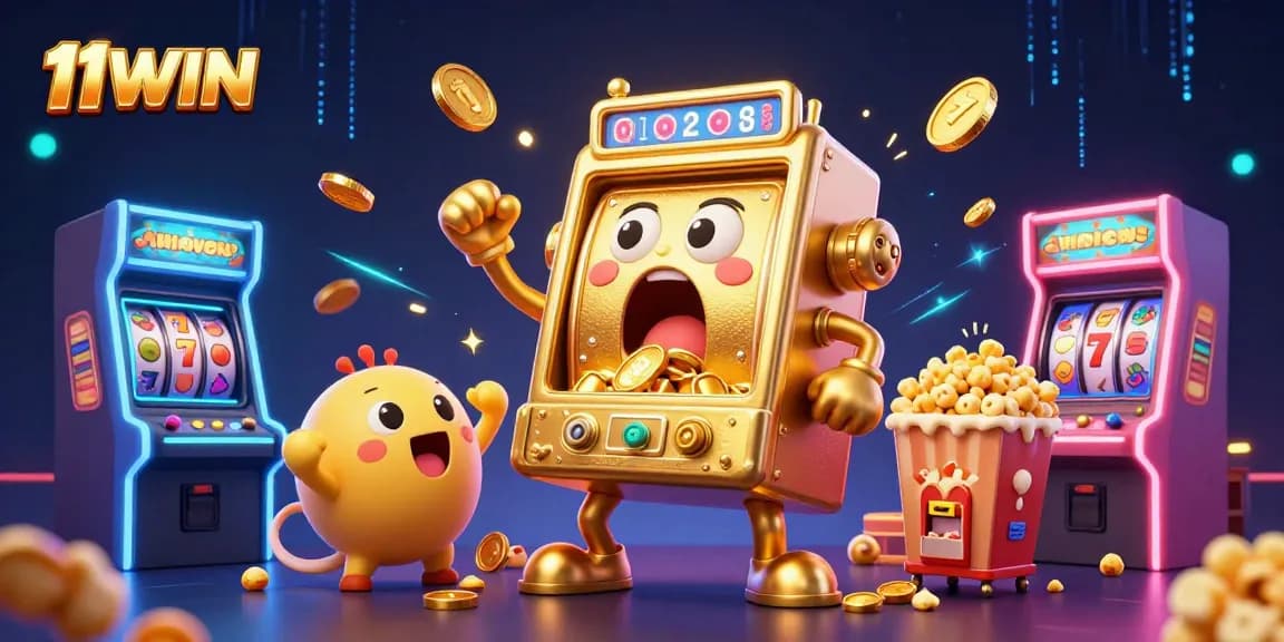 11WIN slot machine hits a jackpot, pouring coins as cheering machines surround it.