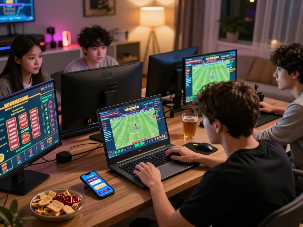 Players engaging with the VN88 online gaming platform in a vibrant living room during a live sports event.