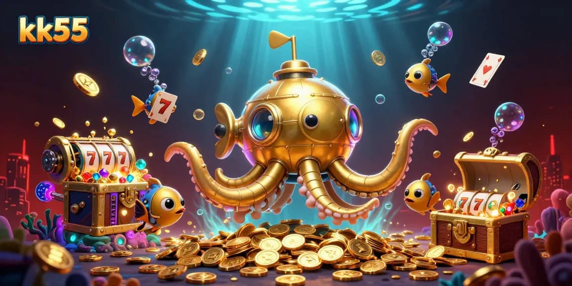 Experience thrilling moments at kk55 with golden coins and dynamic slot reels surrounding a kraken submarine.