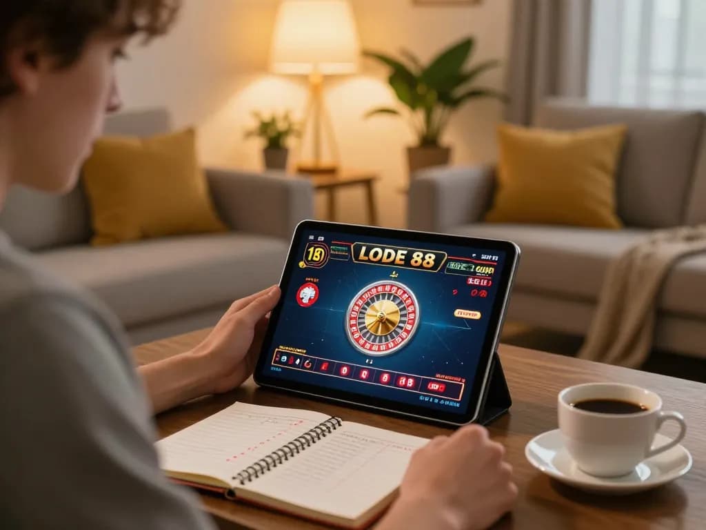 Engaging online gaming moment with LODE 88 as player studies strategy in a cozy home setup.