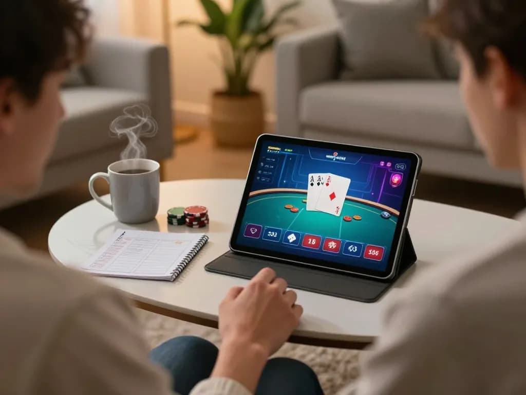 Engage in winning poker gameplay with 78wind on a tablet in a cozy home setting.