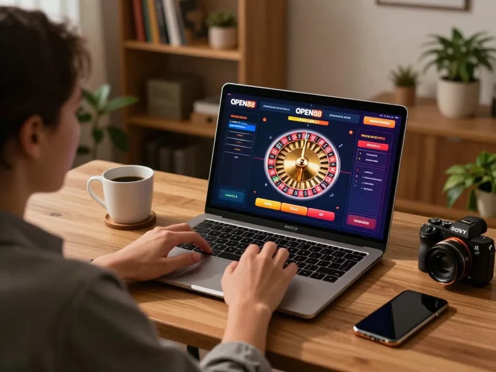 Player engaging with OPEN88's online roulette game via laptop in a comfortable home setting.