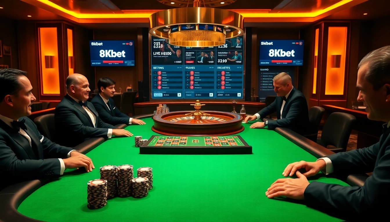 8kbet poker table scene with vibrant poker chips and digital betting interface.
