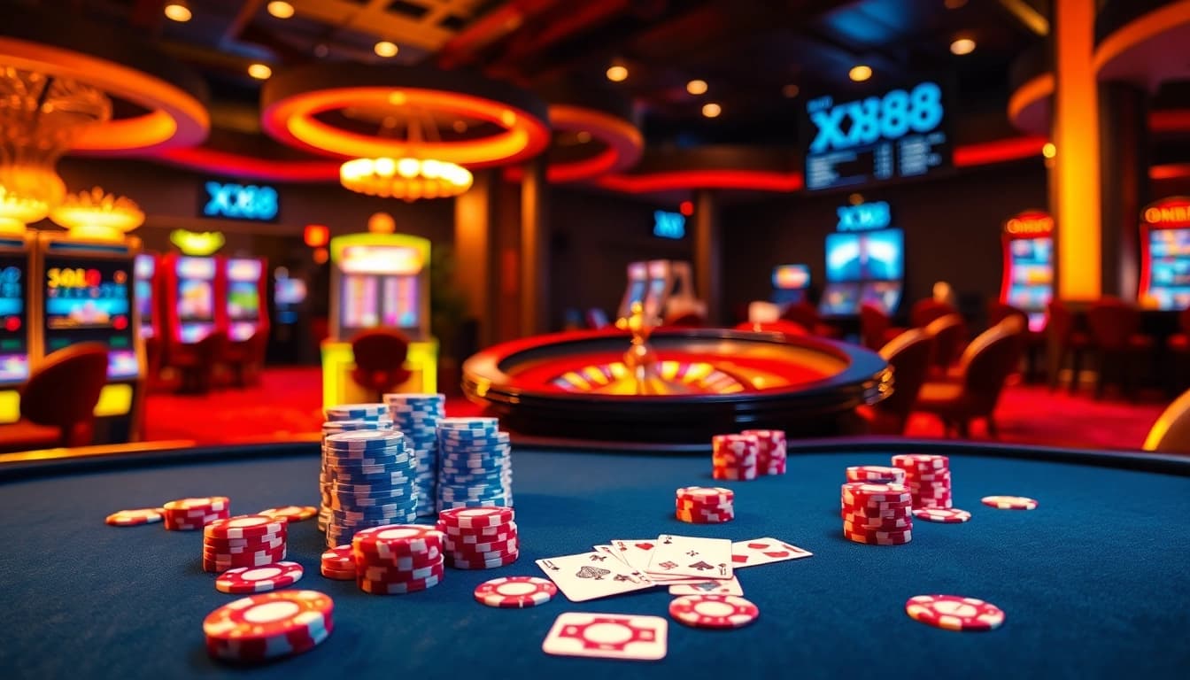 Winning at XX88 with stylish casino table games and vibrant poker chips.