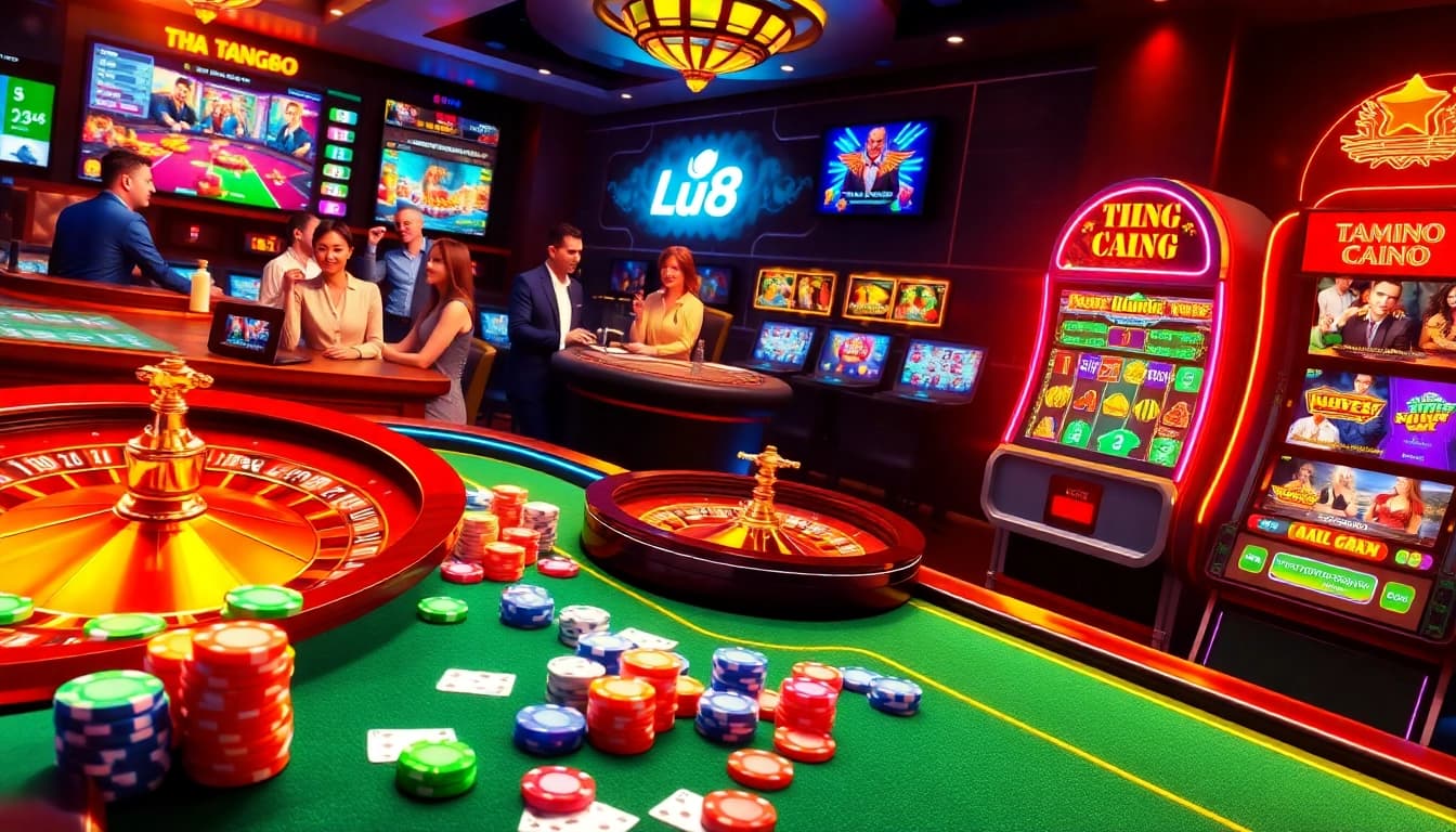 An engaging scene of Trang chủ Lu88’s vibrant online casino featuring poker chips, a roulette wheel, and excited players.