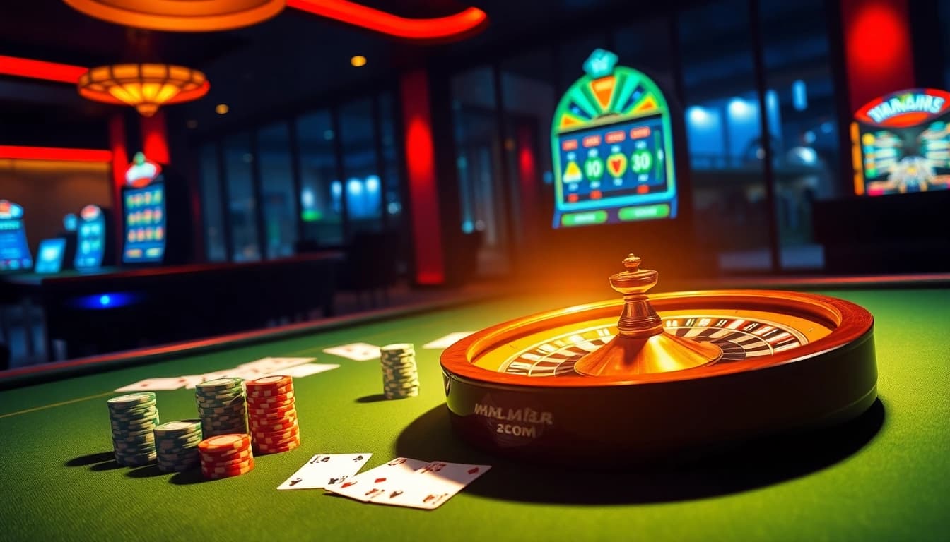 Exciting gambling scene featuring poker chips and roulette wheel at mm88 com casino.