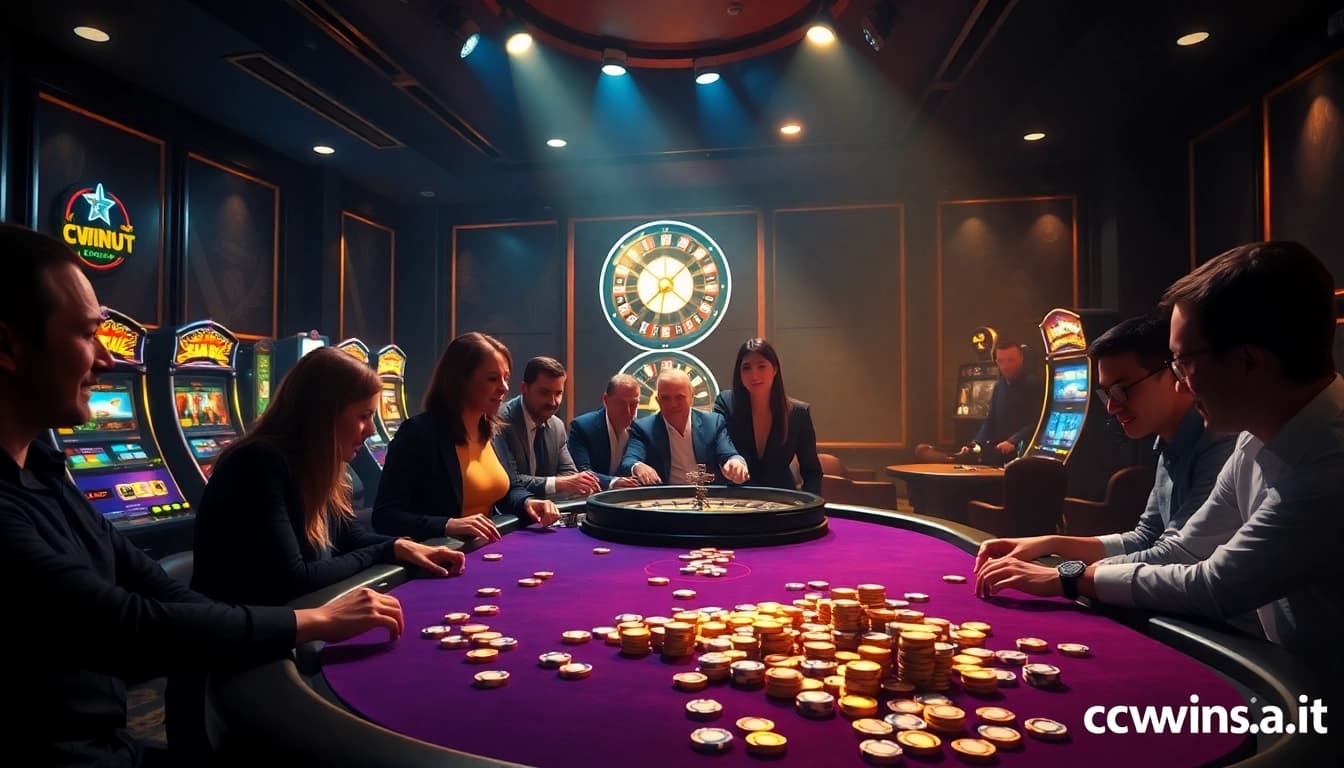 Players strategizing at a poker table in a vibrant casino, highlighting the excitement of https://cwin.it.com/.